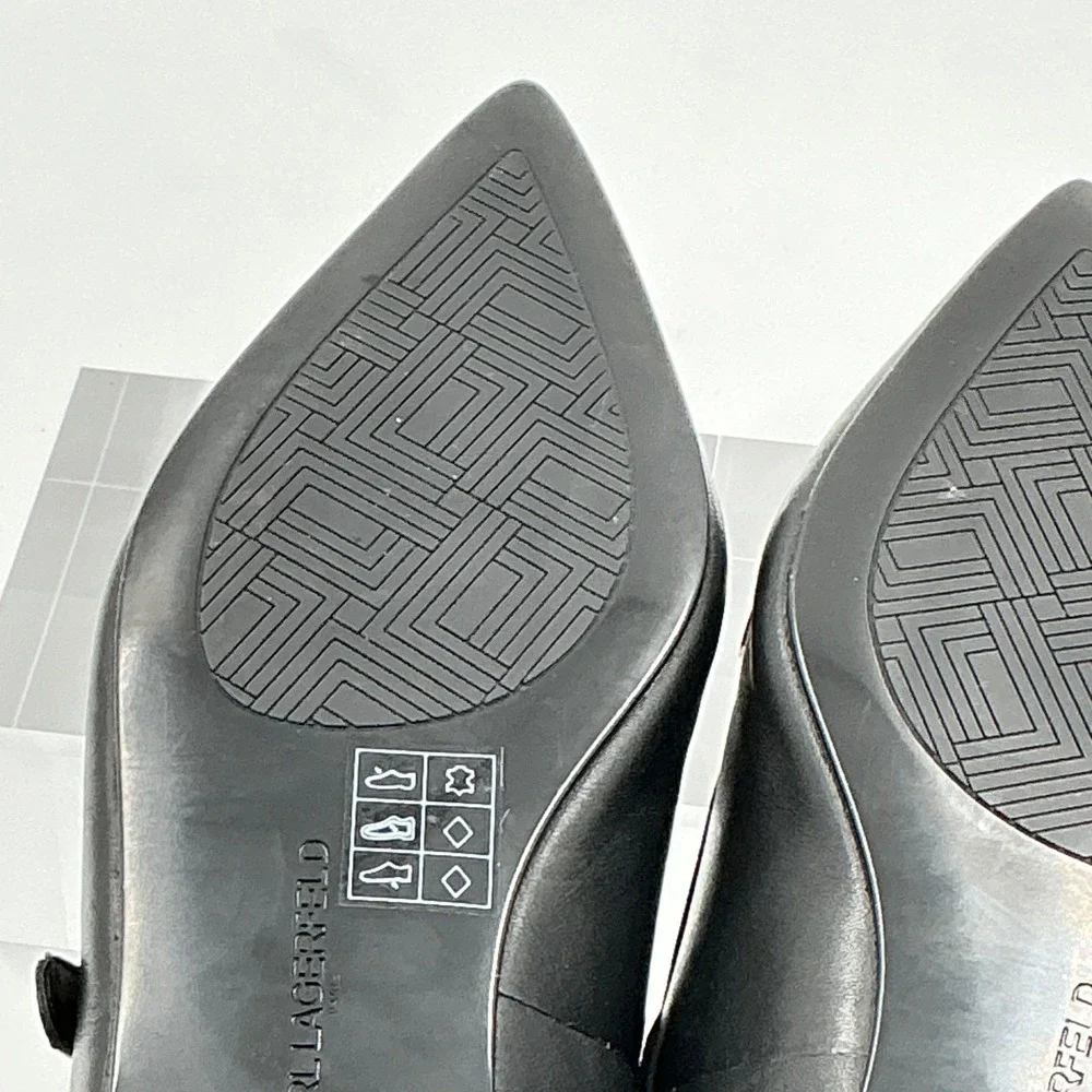 Karl Lagerfeld Paris Size 7 Black Leather Mary Jane Flats Gold Studs Veyda